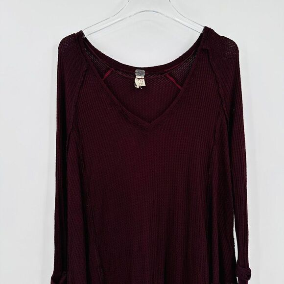 Free People Size XS Maroon Wide Red Oversized Boho Laguna Tunic Top Waffle Knit - Picture 3 of 8
